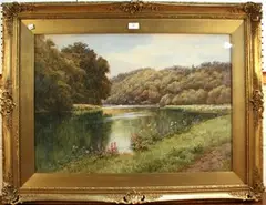 Frederick Charles Dixey, View of a River, probably the Thames, with Two Boats in the distance, watercolour with touches of gouache