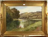Frederick Charles Dixey, View of a River, probably the Thames, with Two Boats in the distance, watercolour with touches of gouache