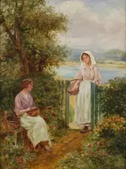 Two Young Women in a Cottage Garden by Ernest Walbourn, oil on canvas, sold Sep 2012