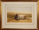 Robert Thorne Waite, Woman feeding Two Calves in a Landscape, watercolour