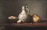 Johannes Hendrik Eversen, Still Life Study of a Flagon, Loaf of Bread, Eggs in a Bowl and an Eggshell on a Tabletop, 1964, oil on canvas