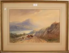 Henry Earp Senior, Cattle on a Path beside a Loch, watercolour