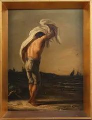 Figure on the Seashore signalling to Ships in the distance by Simon Andreas Krausz, oil on copper panel, sold Sep 2012