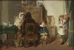 Thomas Faed, Interior Scene with Two Mothers in Conversation beside Two Coy Children, oil sketch over pencil traces on board