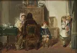 Thomas Faed, Interior Scene with Two Mothers in Conversation beside Two Coy Children