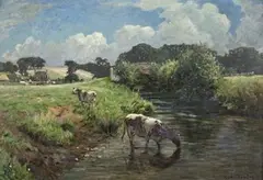 Hamilton Jay, Landscape with Cows watering at a River, a Bridge and Farmstead beyond, oil on canvas