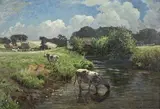 Hamilton Jay, Landscape with Cows watering at a River, a Bridge and Farmstead beyond, oil on canvas