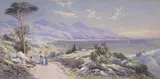Charles Rowbotham, Figures in Conversation on an Italian Coastal Path, a Bay beyond