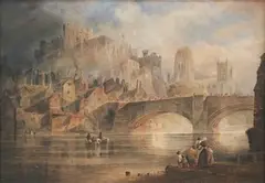 Thomas Miles Richardson Senior, View of Durham Castle and Cathedral with Figures crossing the Bridge, other Figures in the foreground, watercolour