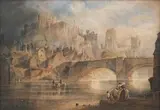 Thomas Miles Richardson Senior, View of Durham Castle and Cathedral with Figures crossing the Bridge, other Figures in the foreground, watercolour