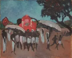 Cholera Goddess Procession' (Figures in an Indian or Sri Lankan Rural Landscape) by Charles Freegrove Winzer, 1928, oil on board, sold Sep 2012