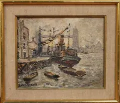View of the River Thames with Tower Bridge in the distance by Adolphe Clary-Baroux, oil on board, sold Sep 2012