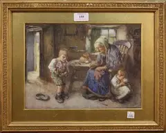John Henry Henshall, Cottage Interior with an Elderly Woman and Two Children, watercolour