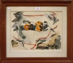 Still Life Study of Fruit on a Patterned Tablecloth by Douglas MacDiarmid, 1954, watercolour and ink, sold Sep 2012