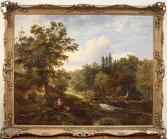 Mark Edwin Dockree, Landscape with Three Figures in Conversation on the Bank of a River, another Figure crossing a Bridge walking towards a Watermill beyond, oil on canvas