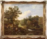 Mark Edwin Dockree, Landscape with Three Figures in Conversation on the Bank of a River, another Figure crossing a Bridge walking towards a Watermill beyond, oil on canvas