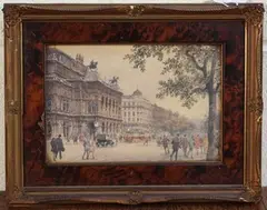 Paul Kaspar, View of a Busy Street outside the Vienna Opera House, Wiener Staatsoper, and View of a Busy Viennese Street with the Votive Church in the distance, a pair of early 20th Century watercolours with touches of gouache