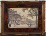 Paul Kaspar, View of a Busy Street outside the Vienna Opera House, Wiener Staatsoper, and View of a Busy Viennese Street with the Votive Church in the distance, a pair of early 20th Century watercolours with touches of gouache