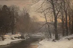 Anders Andersen-Lundby, View of a River and Snowy Woodland at Dusk, oil on canvas