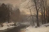 Anders Andersen-Lundby, View of a River and Snowy Woodland at Dusk, oil on canvas