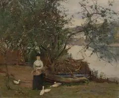Henry Meynell Rheam, Woman feeding Ducks on the Bank of a River, watercolour with touches of pastel and scratching out