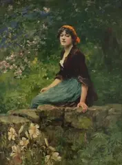 Yeend King, Portrait of a Young Woman sitting on a Wall, oil on canvas
