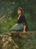 Yeend King, Portrait of a Young Woman sitting on a Wall