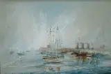 Ben Maile, View with Moored Sailing Vessels near a Harbour, oil on canvas