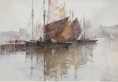 Frank Rousse, View of Sailing Boats moored in a Harbour, possibly Whitby, watercolour