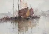Frank Rousse, View of Sailing Boats moored in a Harbour, possibly Whitby, watercolour