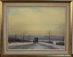 John Foulger, On the Way to Dorking' (View of a Gypsy Caravan in a Snowy Landscape), acrylic on board