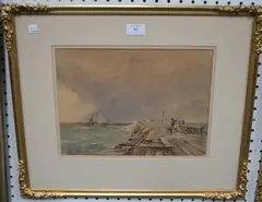 William Hyams, Figures fishing off a Harbour Wall, watercolour over pencil