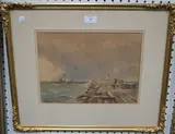 William Hyams, Figures fishing off a Harbour Wall, watercolour over pencil