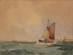 William Hyams, Sailing Vessels in Coastal Waters, watercolour with gouache