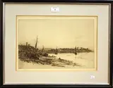 Coastal View, probably on the Medway, Kent by William Lionel Wyllie, monochrome etching, sold Mar 2012