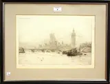 View of the Houses of Parliament from the River Thames by William Lionel Wyllie, monochrome etching, sold Mar 2012