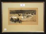 William Lionel Wyllie, Figures gathered on a Beach looking out to Fishing Boats in a Squall