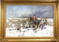 Clive Madgwick, Huntsmen and Hounds following the Scent in a Snowy Landscape, oil on canvas