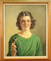 Francis Dodd, Ros Davies as the Child of Nature' (Half Length Portrait of the Young Woman with a Goldfinch perched on her Finger), 1937, oil on board