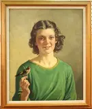 Francis Dodd, Ros Davies as the Child of Nature' (Half Length Portrait of the Young Woman with a Goldfinch perched on her Finger), 1937, oil on board