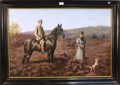 Frederick Lutyens, Landscape with a Gentleman on Horseback and a Lady flanked by Two Hunting Dogs, a Country House in the distance, oil on canvas