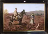 Frederick Lutyens, Landscape with a Gentleman on Horseback and a Lady flanked by Two Hunting Dogs, a Country House in the distance, oil on canvas