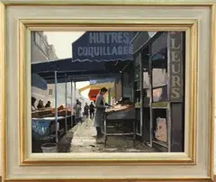 Jeremy Barlow, Figures at a French Fishmonger's Stall, oil on board