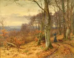 Walter Follen Bishop, Landscape with a Woman and Dog walking on a Woodland Path, watercolour