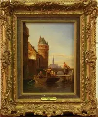 Pieter Cornelis Dommersen, Coblentz' (View along a River, with Figures in a Boat, a Bridge and Town beyond), oil on panel