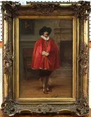 Full Length Portrait of a Cavalier standing in an Interior near a Chair and Fireplace by Alex de Andreis, oil on canvas, sold Mar 2012