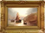 Gustave de Breanski, Coastal View with Sailing Vessels, oil on canvas
