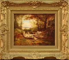 John Henry Dell, A Surrey Lane' (Landscape with a Farmer driving Cattle and Sheep through an Open Gate), oil on canvas laid on board
