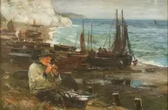 John Reid, Coastal View with an Old Sea Salt seated by a Basket of Fish and smoking a Clay Pipe, other Fishermen preparing their Boats beyond, oil on canvas