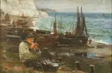 John Reid, Coastal View with an Old Sea Salt seated by a Basket of Fish and smoking a Clay Pipe, other Fishermen preparing their Boats beyond, oil on canvas